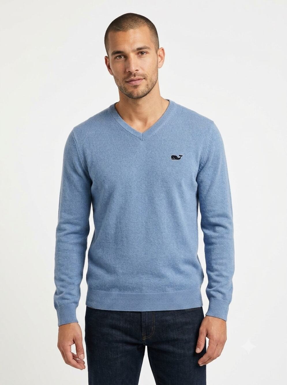 Vineyard Vines V-Neck Sweater Mens M Light Blue Cashmere Blend Embroidered Logo